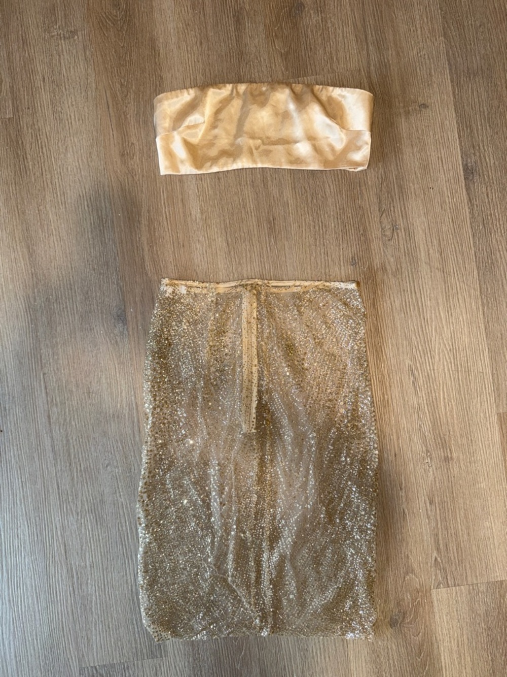 MESHKI Gold Tube Top & Sparkle Glitter See Through Mesh Skirt 2 Piece Set